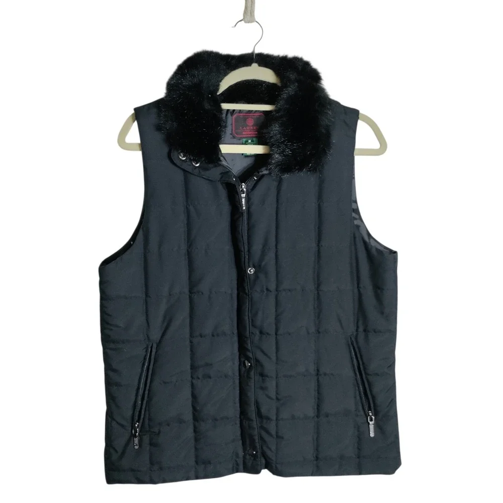 Lauren Ralph Lauren Black Quilted Puffer‎ Vest Faux Fur Collar Womens Medium